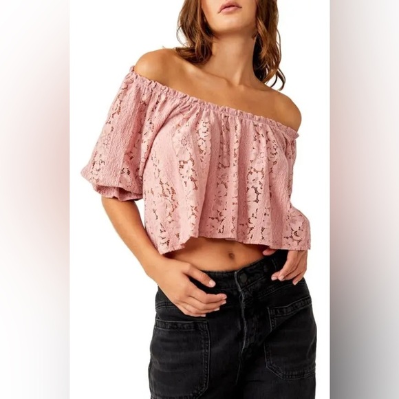 NEW Free People Stacey Lace Blush Tint Puff Sleeve Top Blouse Cropped Flowy - Picture 2 of 11